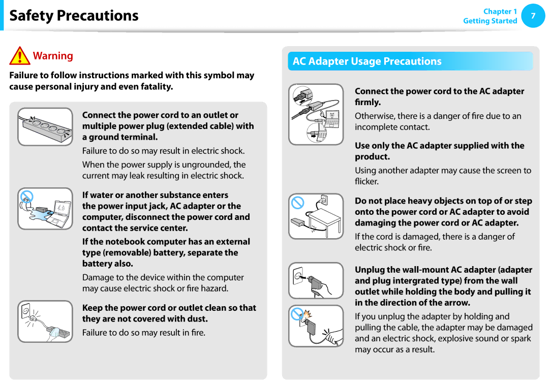 Samsung NP270E5EK01JM, NP275E5E-K01US manual AC Adapter Usage Precautions, Connect the power cord to the AC adapter firmly 