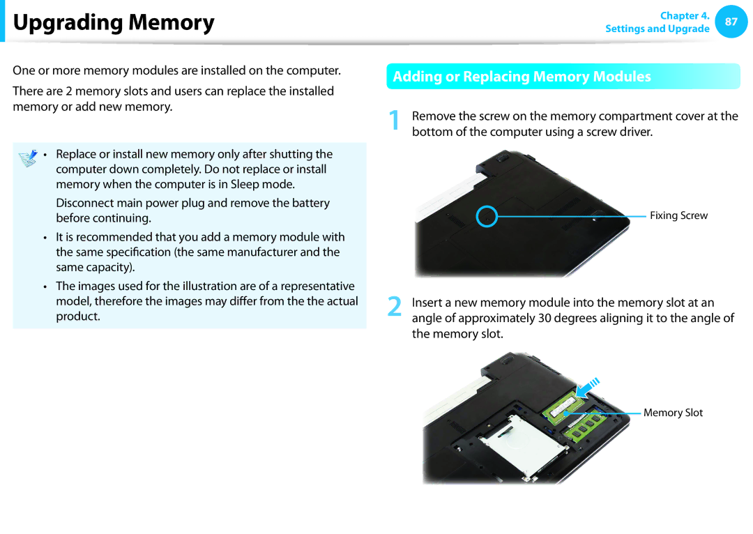 Samsung NP270E5EK01JM, NP275E5E-K01US, NP270E5EK01US, NP275E5EK01US Upgrading Memory, Adding or Replacing Memory Modules 