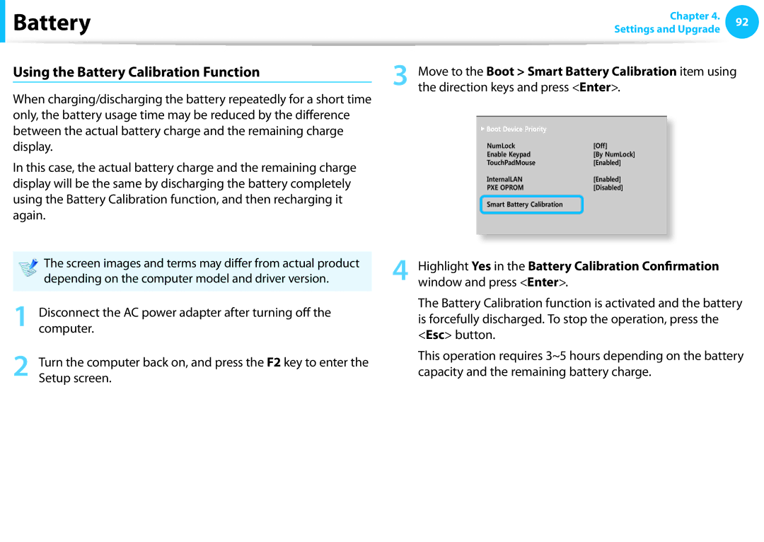 Samsung NP270E5EK01JM, NP275E5E-K01US, NP270E5EK01US, NP275E5EK01US Using the Battery Calibration Function, Setup screen 