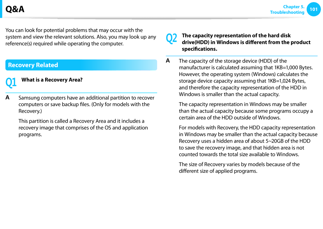 Samsung NP275E5E-K01US manual Recovery Related, Q1 What is a Recovery Area?, Capacity representation of the hard disk 