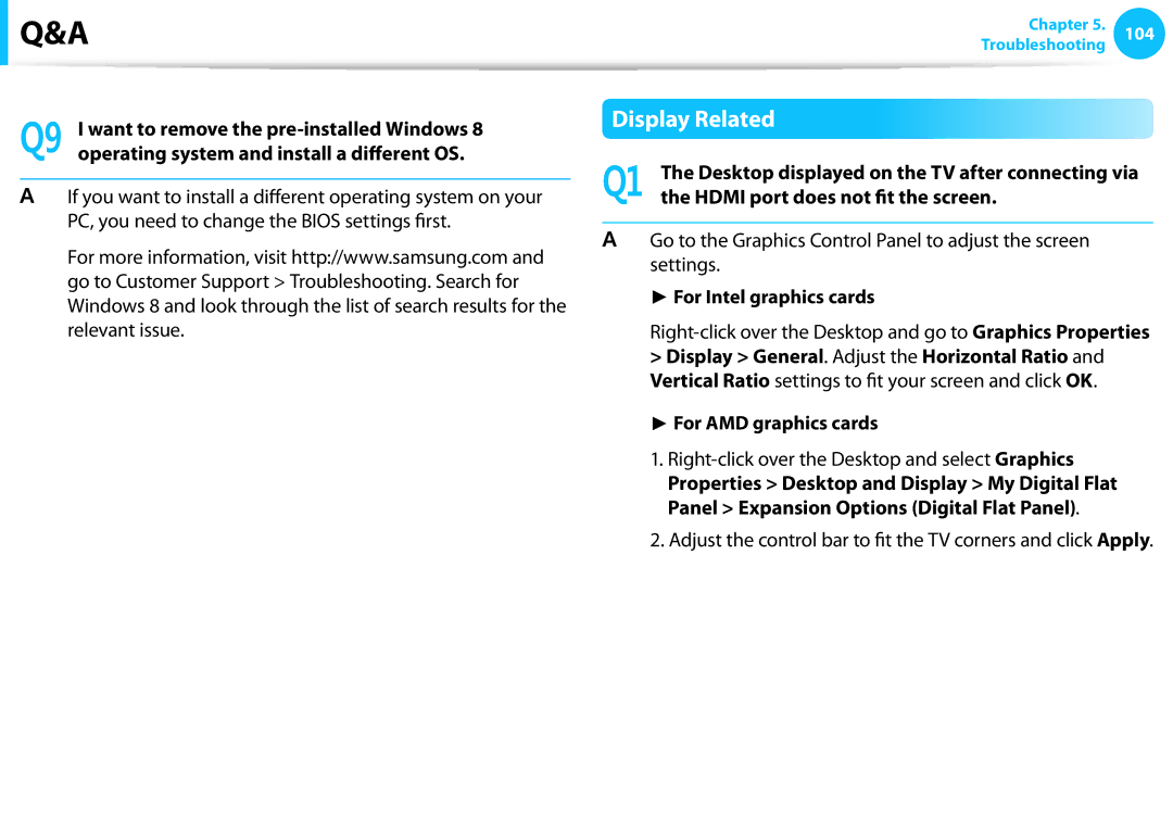 Samsung NP275E5E-K01US manual Display Related, Hdmi port does not fit the screen, For Intel graphics cards 