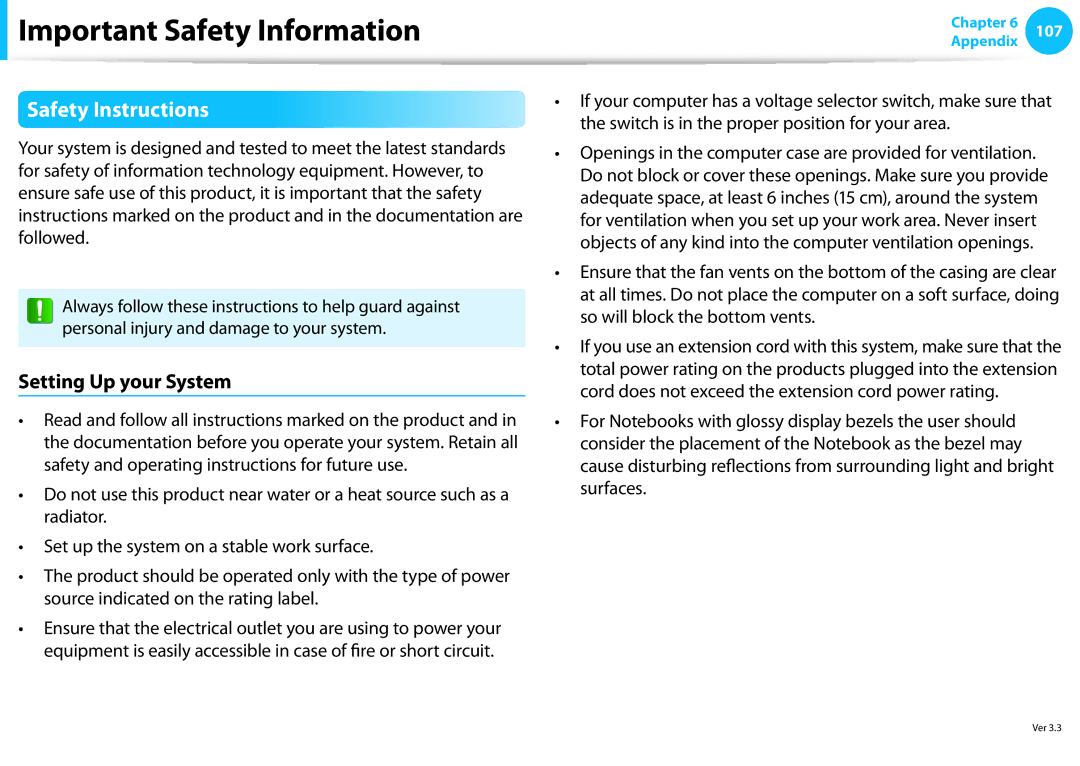 Samsung NP275E5E-K01US manual Important Safety Information, Safety Instructions, Setting Up your System 