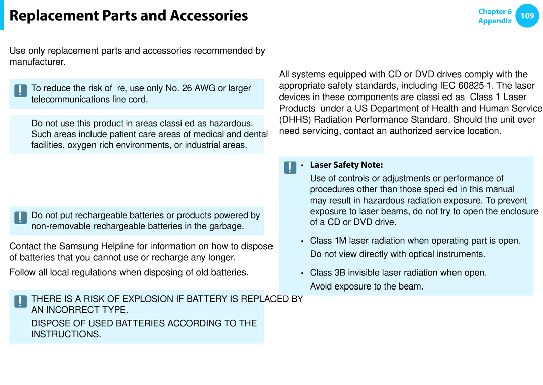 Samsung NP275E5E-K01US manual Replacement Parts and Accessories, Battery Disposal, Laser Safety Note 