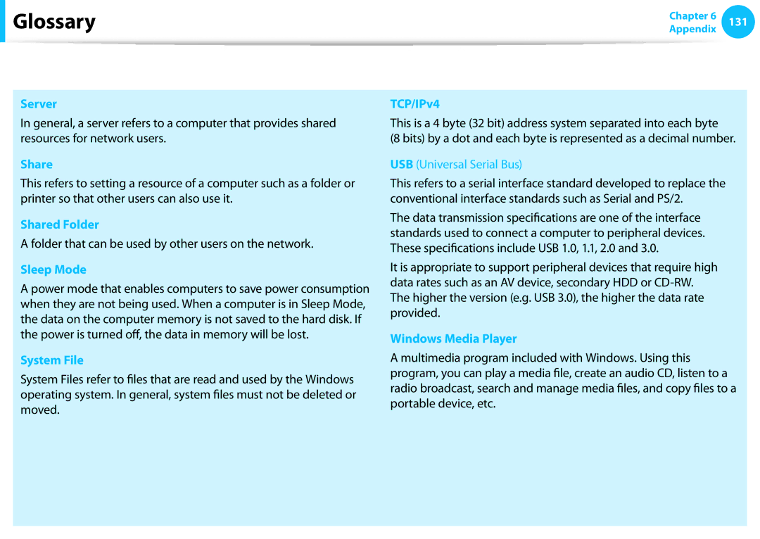 Samsung NP275E5E-K01US manual Server, Shared Folder, Sleep Mode, System File, TCP/IPv4, Windows Media Player 