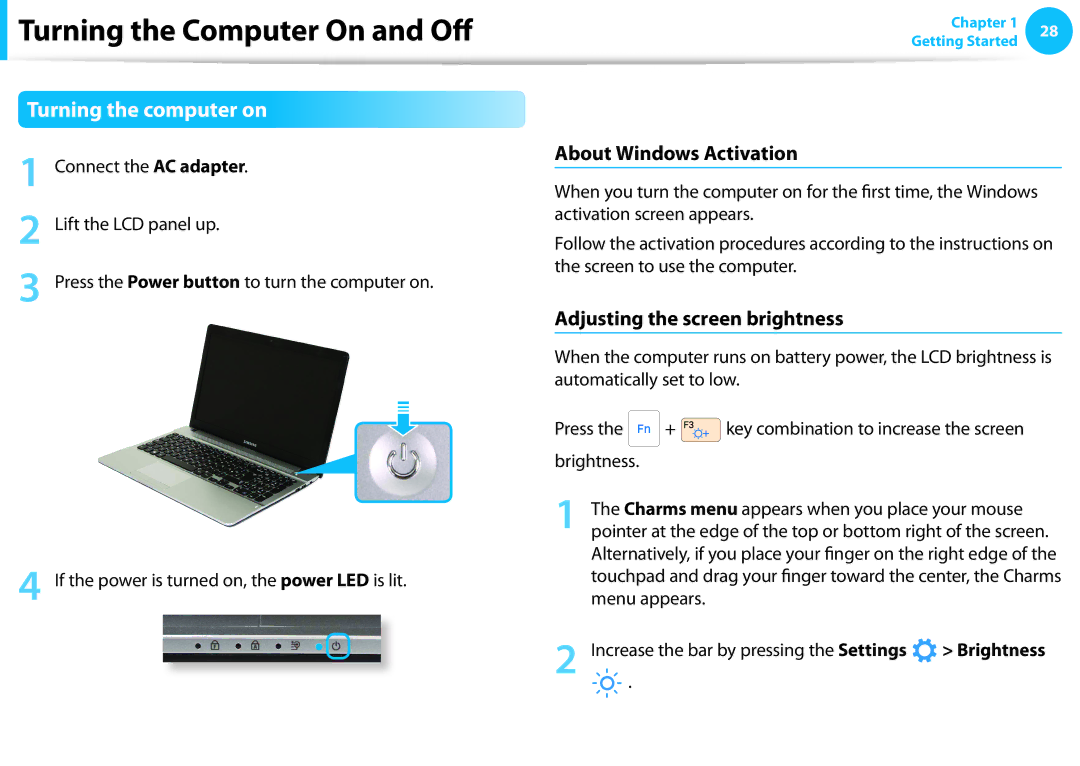 Samsung NP275E5E-K01US Turning the Computer On and Off, Turning the computer on, About Windows Activation, Brightness 