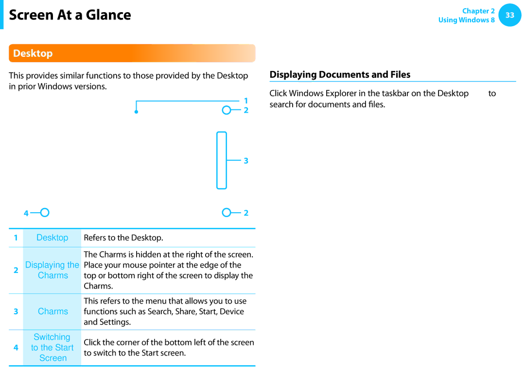 Samsung NP275E5E-K01US manual Desktop, Displaying Documents and Files, To switch to the Start screen 