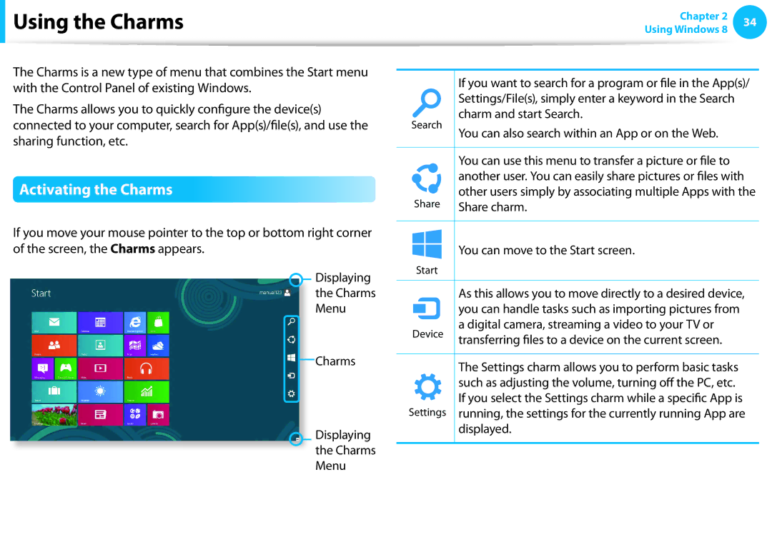 Samsung NP275E5E-K01US manual Using the Charms, Activating the Charms 