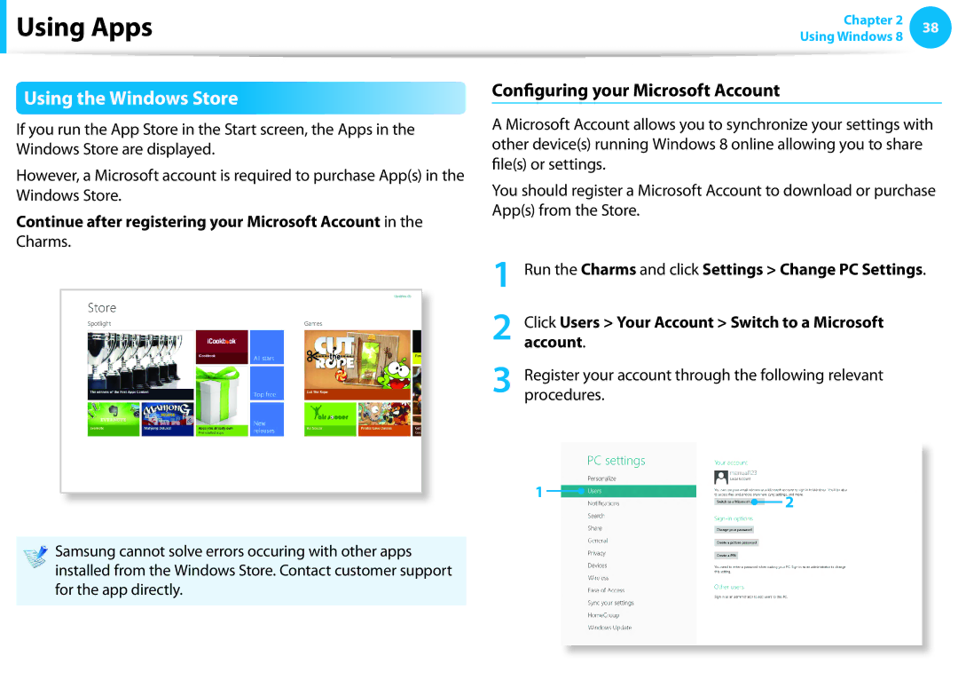 Samsung NP275E5E-K01US manual Using the Windows Store, Configuring your Microsoft Account 