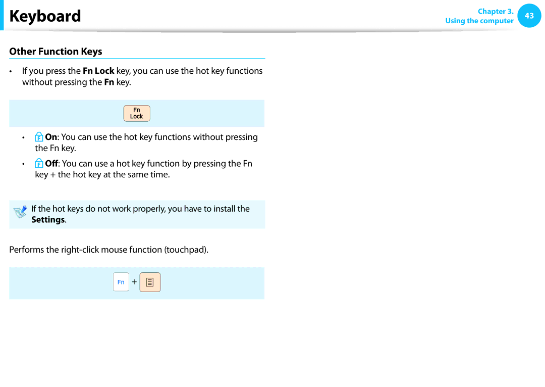 Samsung NP275E5E-K01US manual Other Function Keys, Settings, Performs the right-click mouse function touchpad 