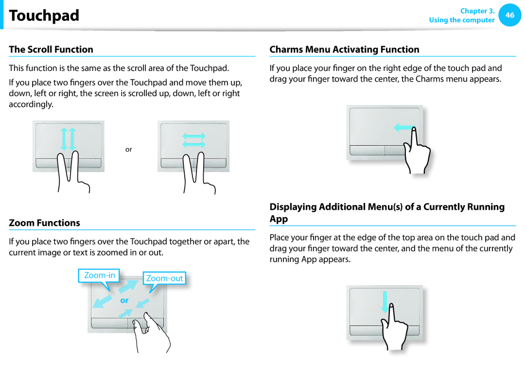 Samsung NP275E5E-K01US manual Scroll Function, Charms Menu Activating Function, Zoom Functions 