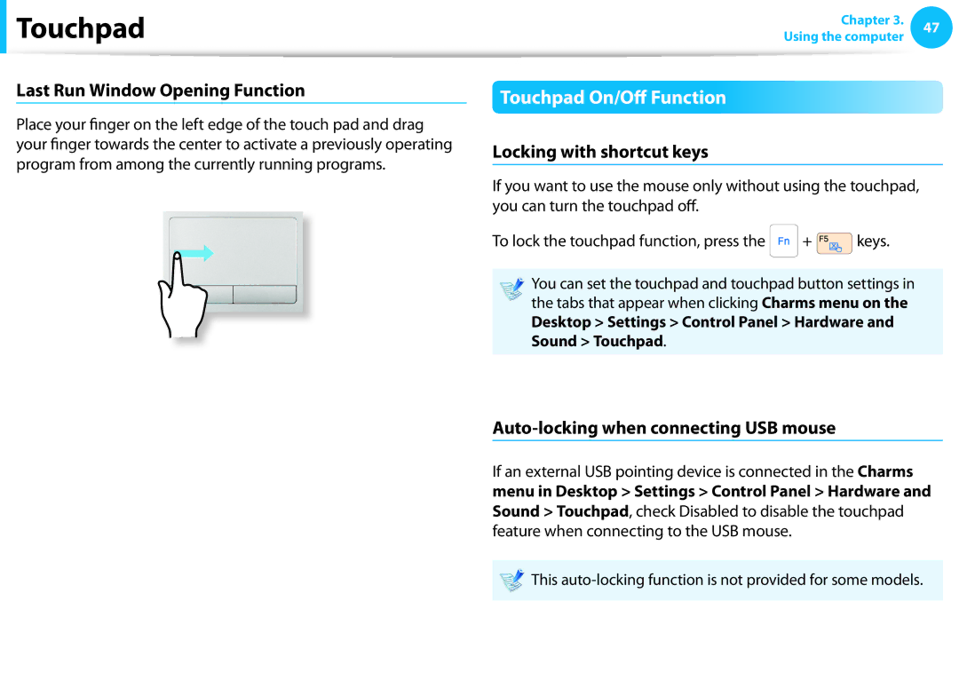 Samsung NP275E5E-K01US manual Touchpad On/Off Function, Last Run Window Opening Function, Locking with shortcut keys 