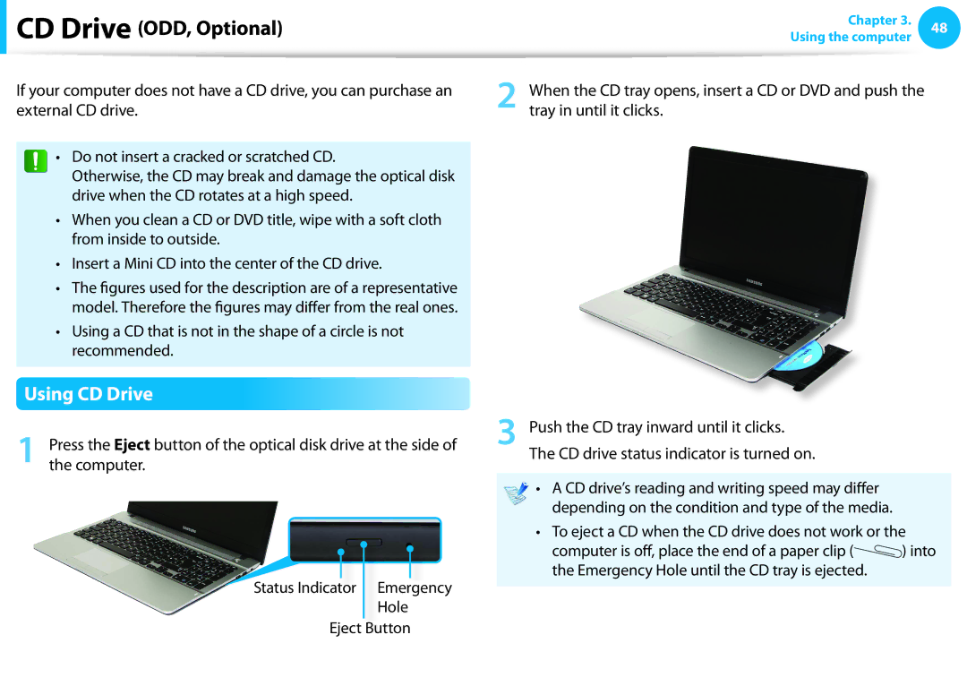 Samsung NP275E5E-K01US manual Using CD Drive, To eject a CD when the CD drive does not work or 