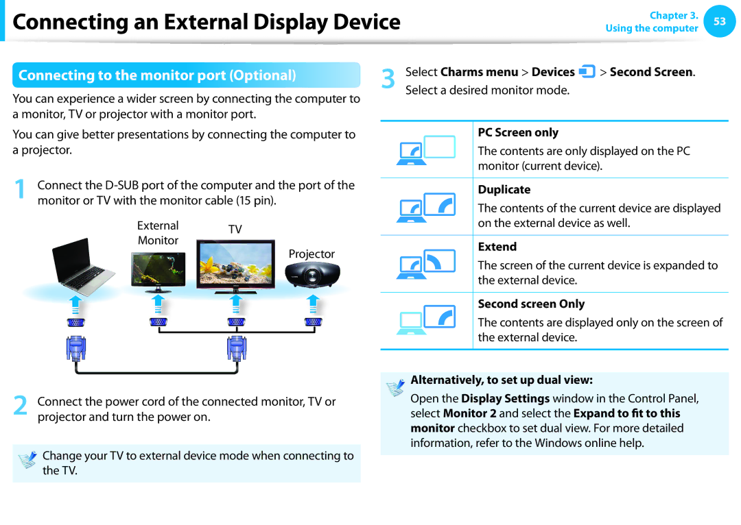 Samsung NP275E5E-K01US manual Connecting to the monitor port Optional 