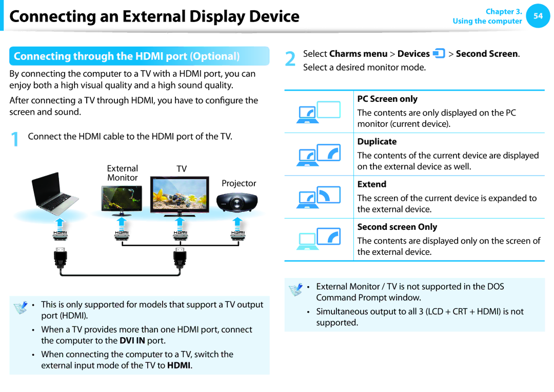 Samsung NP275E5E-K01US manual Connecting through the Hdmi port Optional 