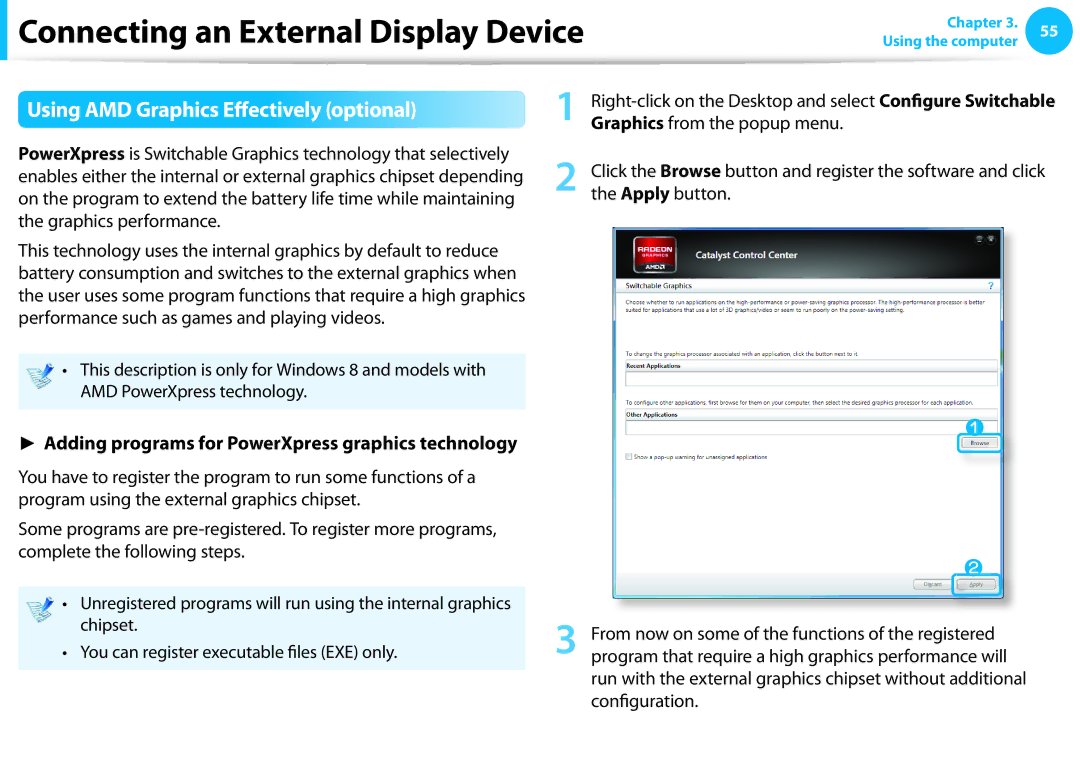 Samsung NP275E5E-K01US manual Using AMD Graphics Effectively optional, Adding programs for PowerXpress graphics technology 