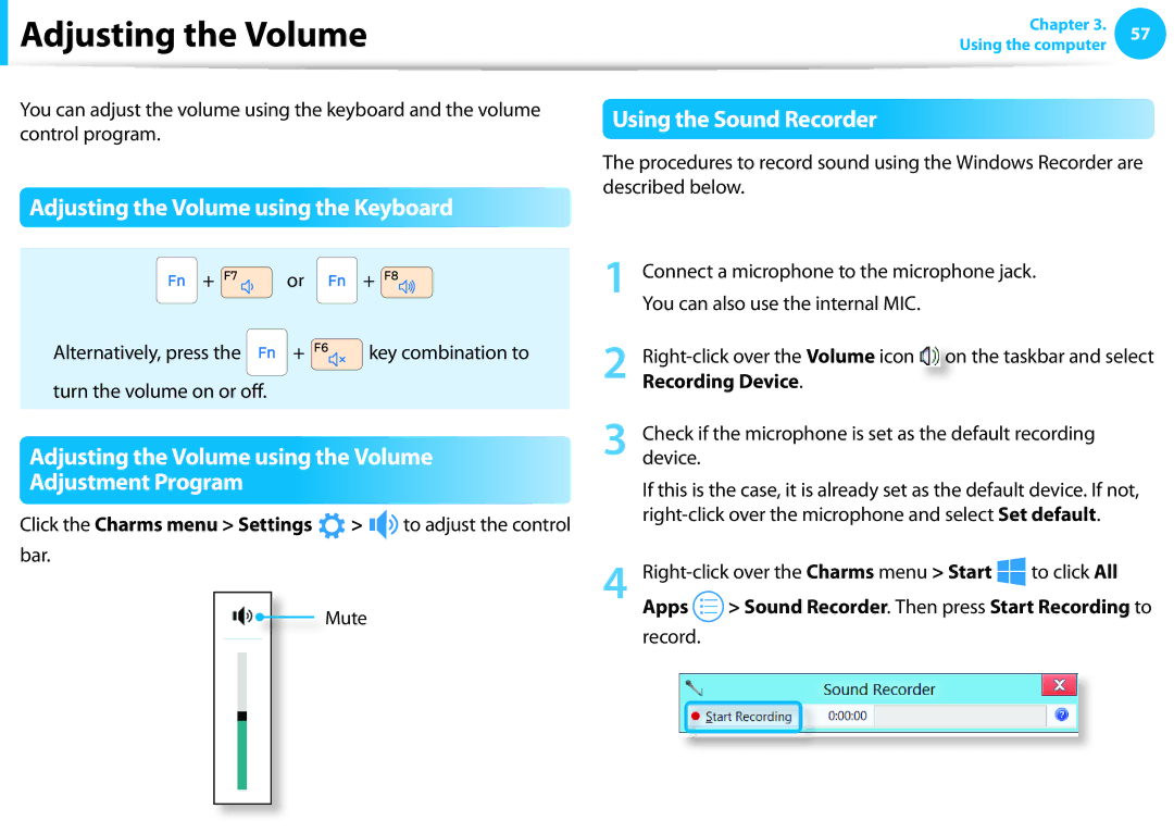 Samsung NP275E5E-K01US manual Adjusting the Volume using the Keyboard, Using the Sound Recorder 