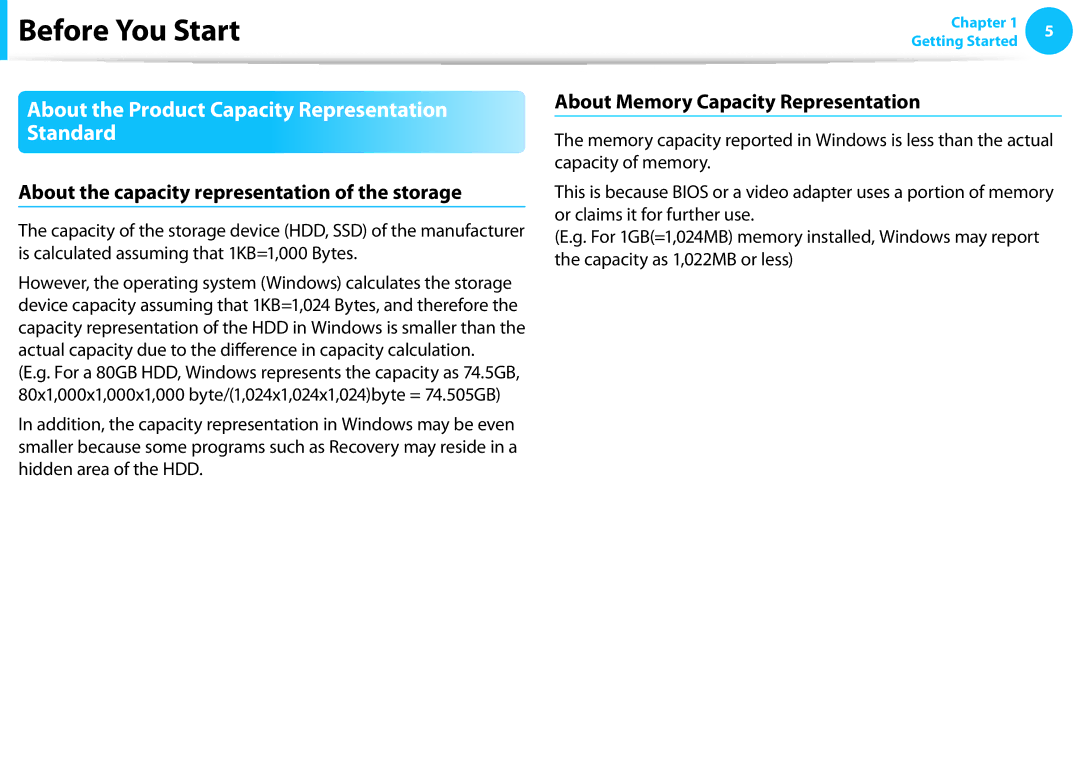 Samsung NP275E5E-K01US manual About the Product Capacity Representation Standard, About Memory Capacity Representation 