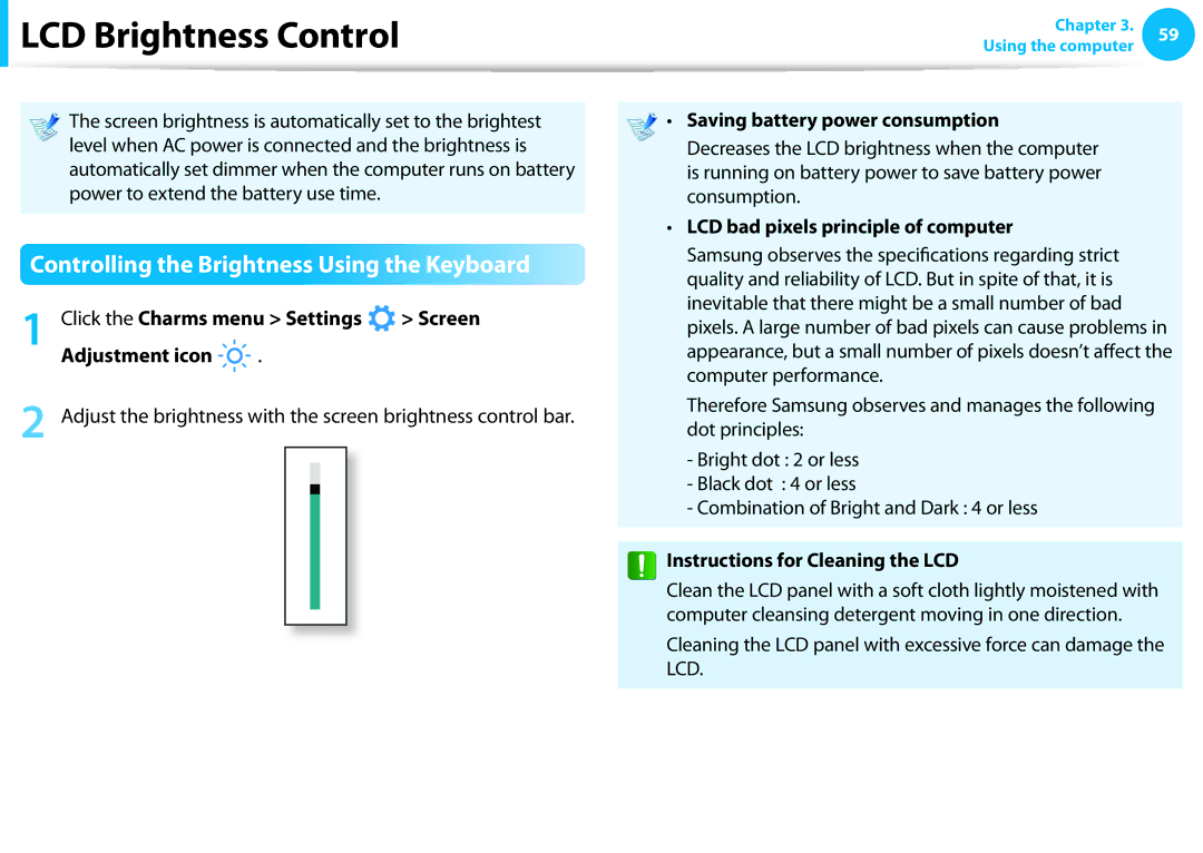 Samsung NP275E5E-K01US manual LCD Brightness Control, Controlling the Brightness Using the Keyboard 