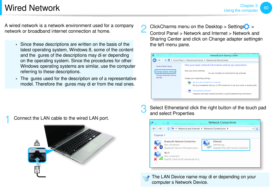 Samsung NP275E5E-K01US manual Wired Network, Connecting to the Wired LAN, Connect the LAN cable to the wired LAN port 