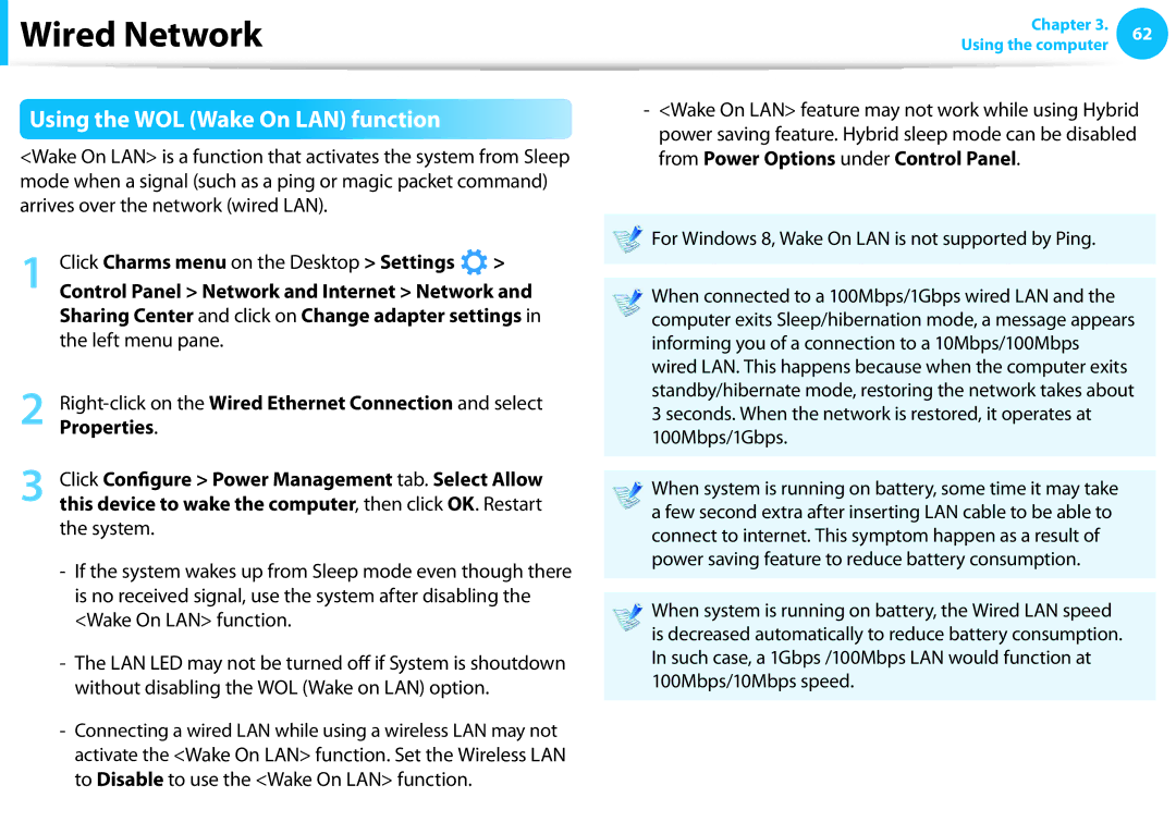 Samsung NP275E5E-K01US manual Using the WOL Wake On LAN function, Left menu pane 