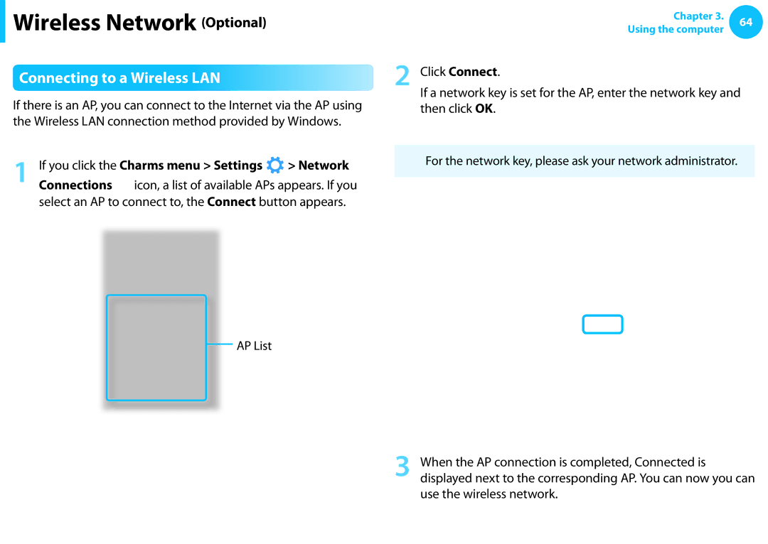 Samsung NP275E5E-K01US manual Connecting to a Wireless LAN, If you click the Charms menu Settings Network 