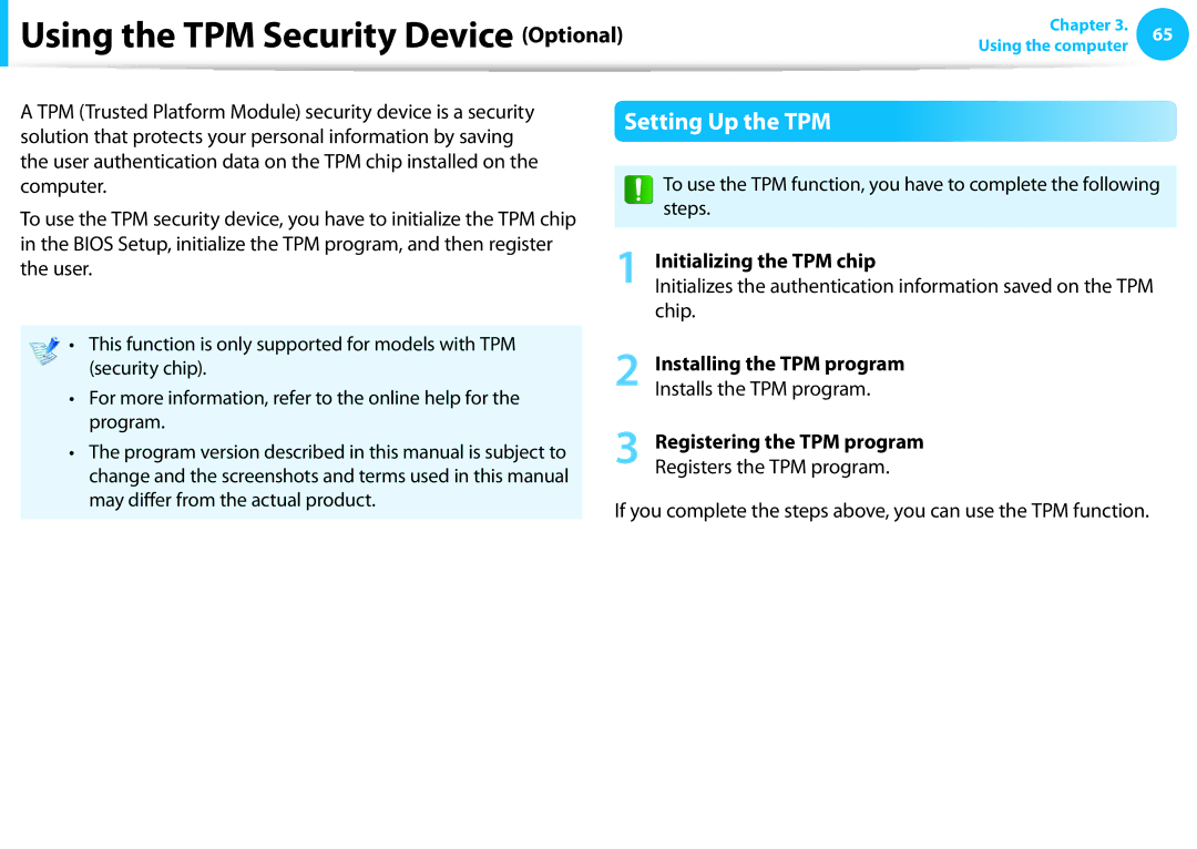 Samsung NP275E5E-K01US manual Using the TPM Security Device Optional, Setting Up the TPM, Initializing the TPM chip 