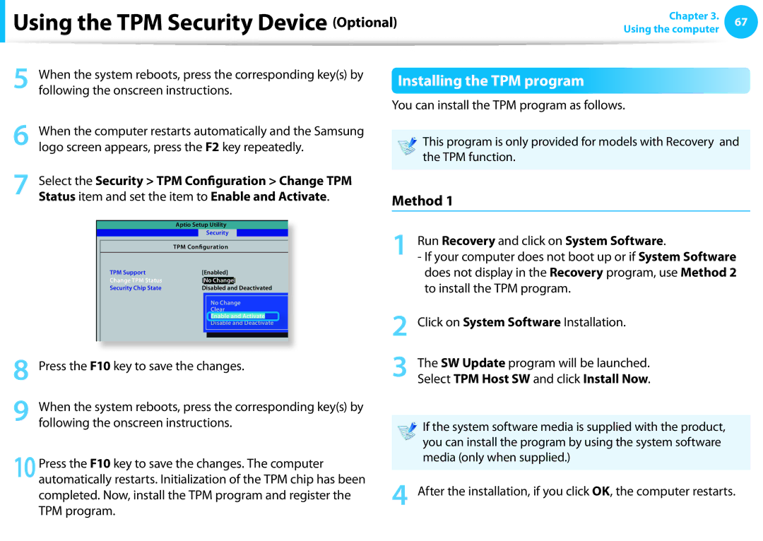 Samsung NP275E5E-K01US manual Using the TPM Security Device Optional, Installing the TPM program, Method 