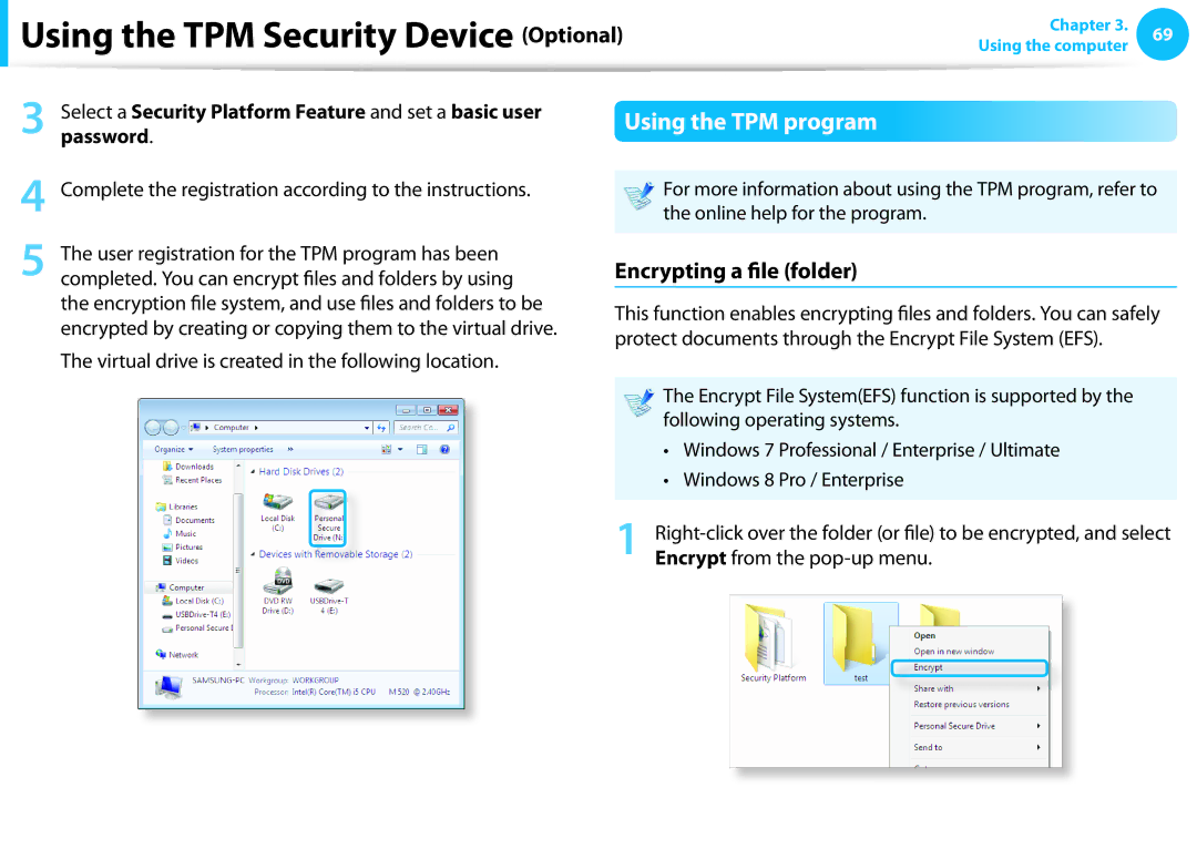 Samsung NP275E5E-K01US manual Using the TPM program, Encrypting a file folder 