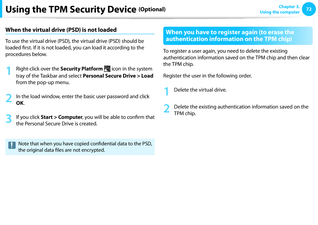 Samsung NP275E5E-K01US manual When the virtual drive PSD is not loaded, Right-click over the Security Platform, TPM chip 