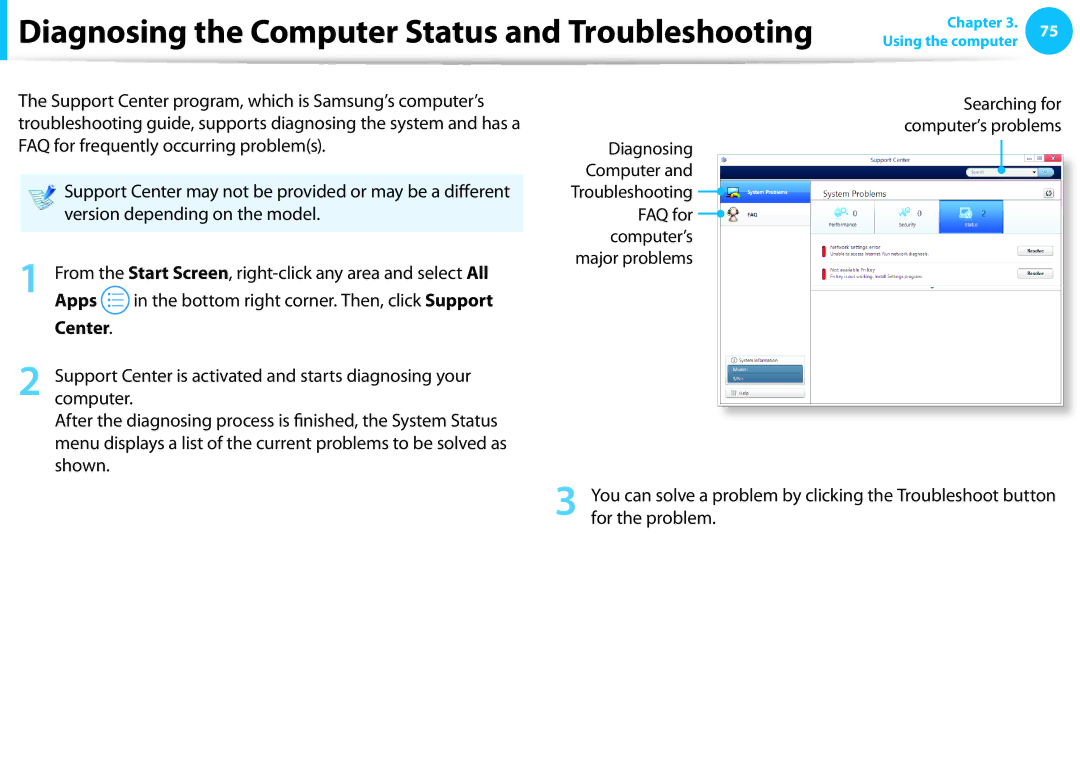 Samsung NP275E5E-K01US manual Diagnosing the Computer Status and Troubleshooting, Center 