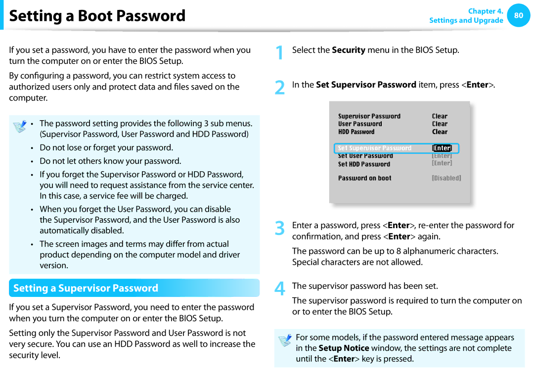 Samsung NP275E5E-K01US manual Setting a Boot Password, Setting a Supervisor Password 