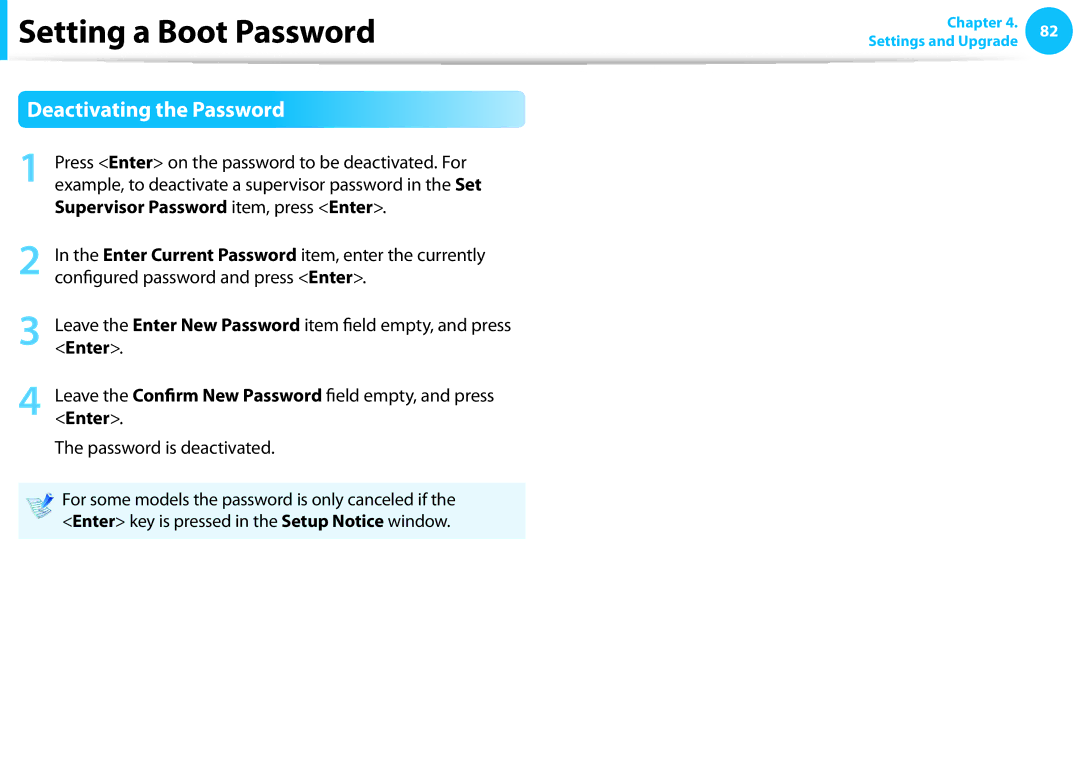 Samsung NP275E5E-K01US manual Deactivating the Password, Supervisor Password item, press Enter 