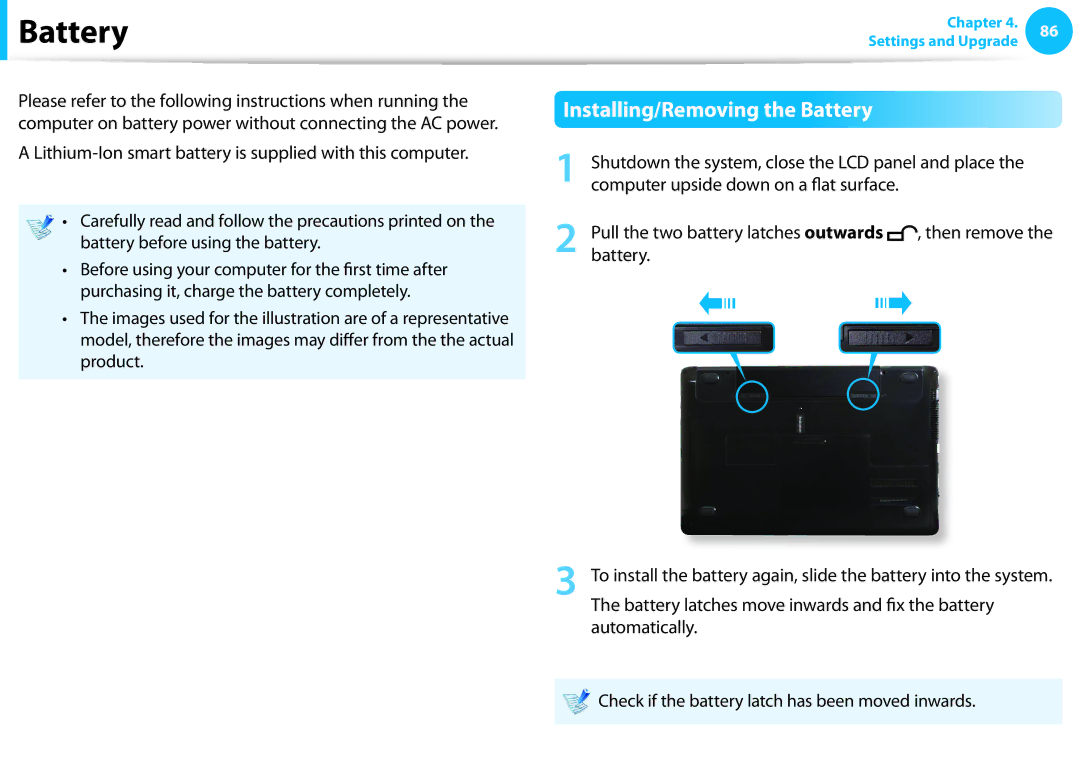 Samsung NP275E5E-K01US manual Installing/Removing the Battery, Battery latches move inwards and fix the battery 