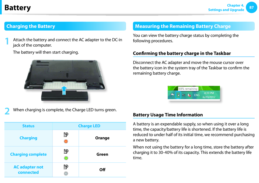 Samsung NP275E5E-K01US manual Charging the Battery, Measuring the Remaining Battery Charge, Battery Usage Time Information 