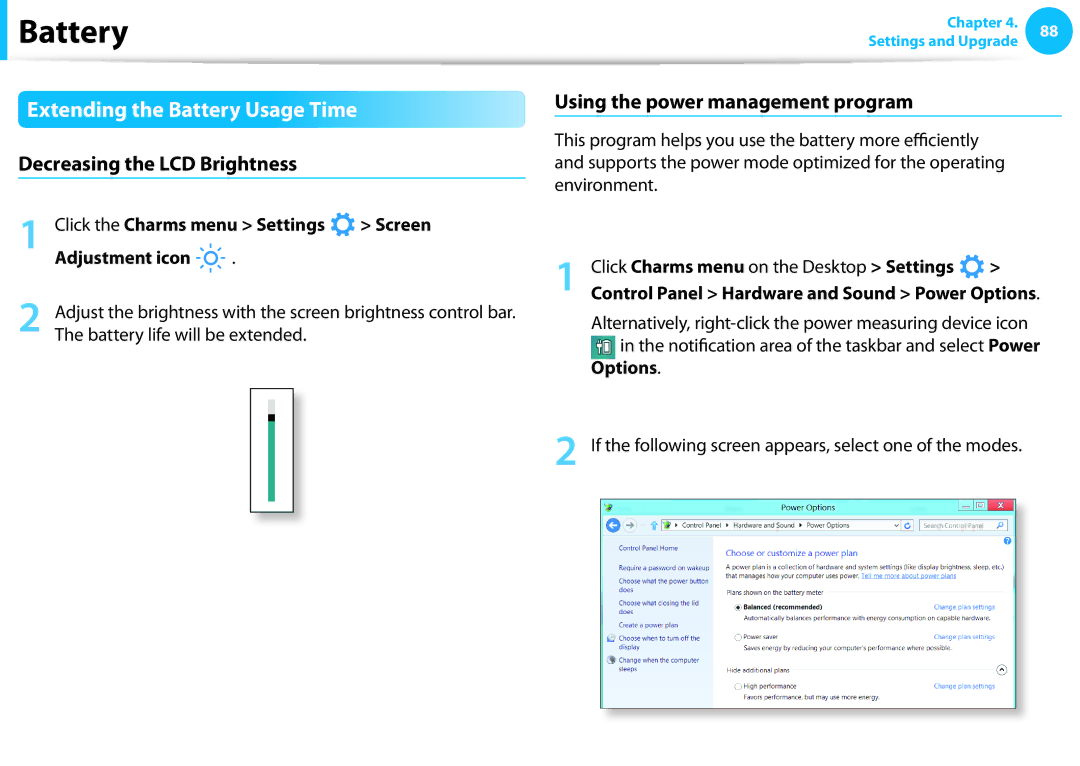 Samsung NP275E5E-K01US Extending the Battery Usage Time, Decreasing the LCD Brightness, Using the power management program 