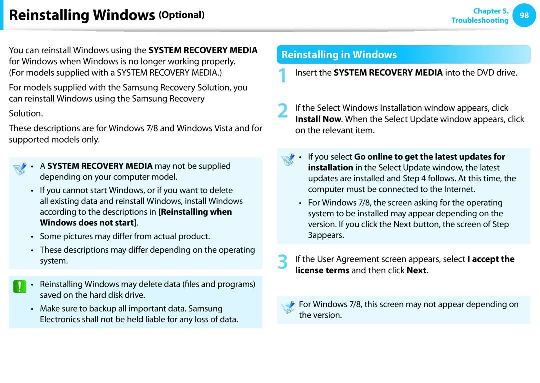 Samsung NP275E5E-K01US manual Reinstalling Windows Optional, On the relevant item 