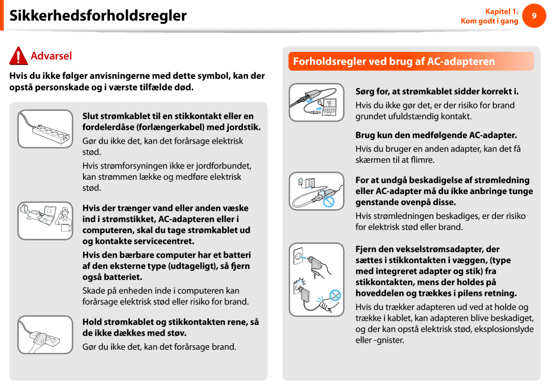 Samsung NP275E5E-K01SE, NP275E5E-K02SE Forholdsregler ved brug af AC-adapteren, Gør du ikke det, kan det forårsage brand 