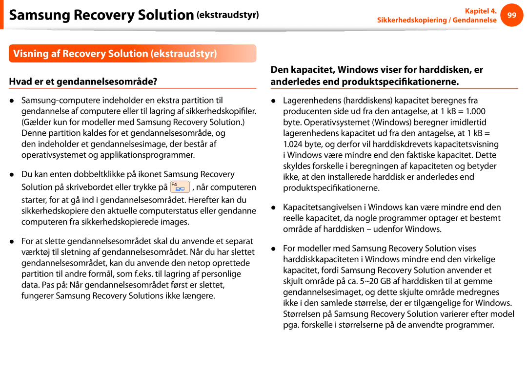 Samsung NP270E5E-K06SE, NP275E5E-K02SE manual Visning af Recovery Solution ekstraudstyr, Hvad er et gendannelsesområde? 