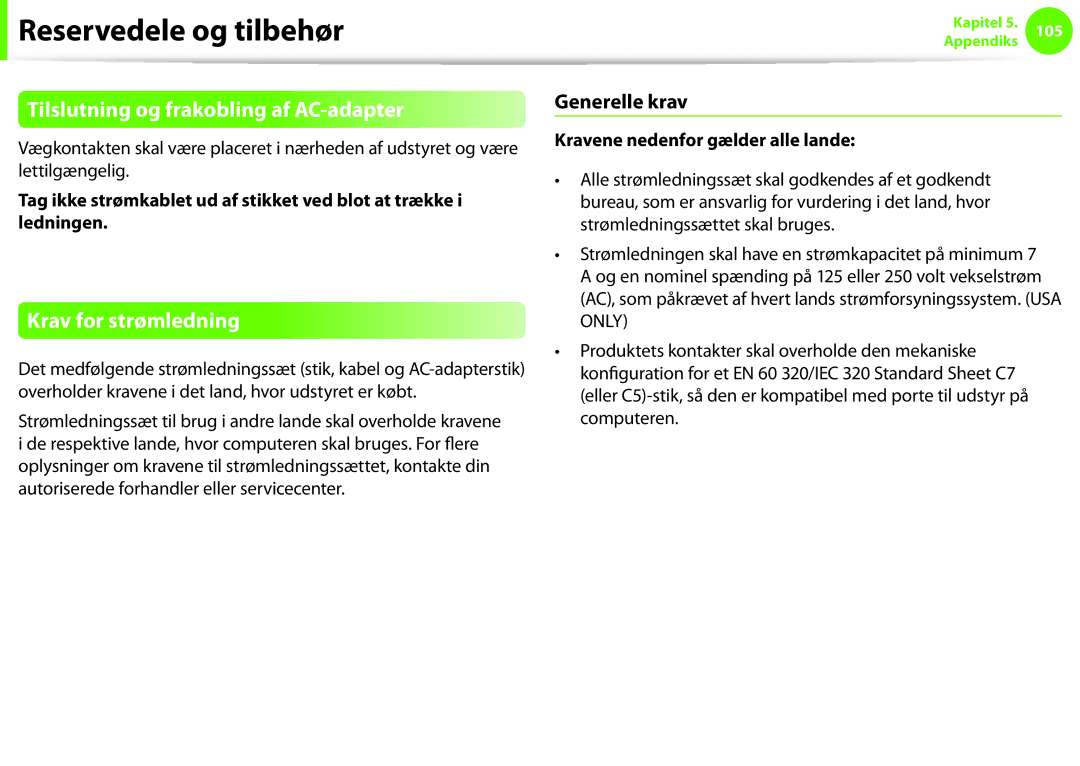 Samsung NP275E5E-K01SE, NP275E5E-K02SE manual Tilslutning og frakobling af AC-adapter, Krav for strømledning, Generelle krav 