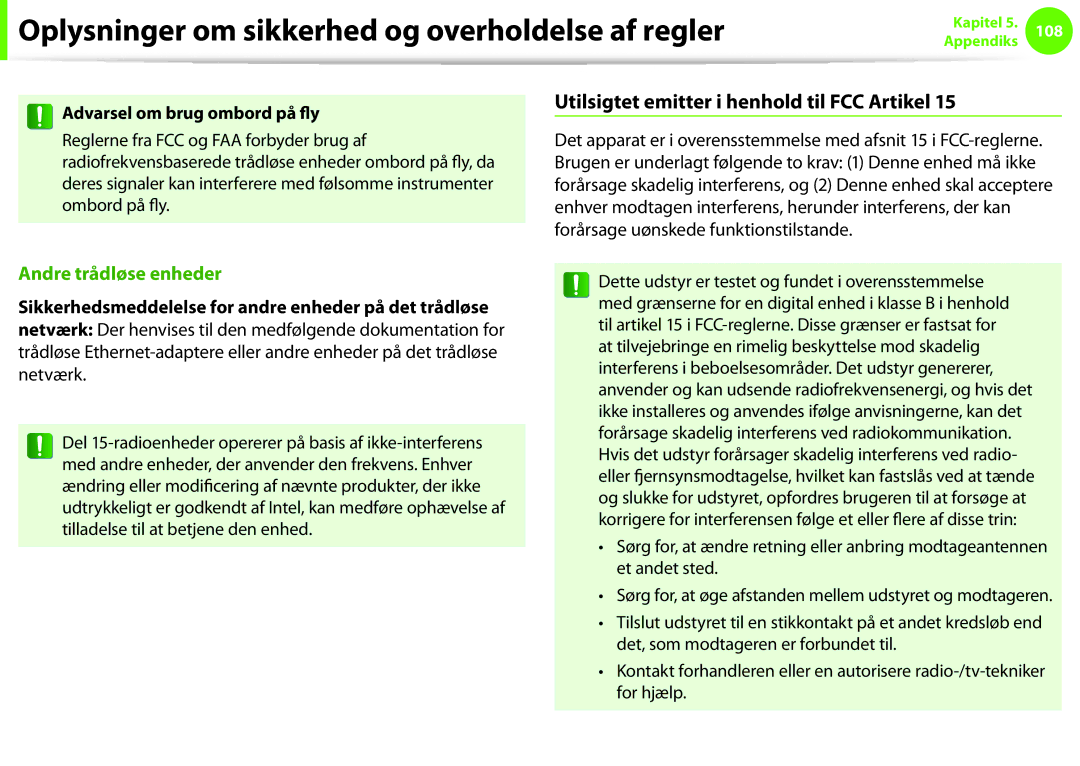 Samsung NP930X5J-K02SE, NP275E5E-K02SE, NP910S5J-K01SE Utilsigtet emitter i henhold til FCC Artikel, Andre trådløse enheder 