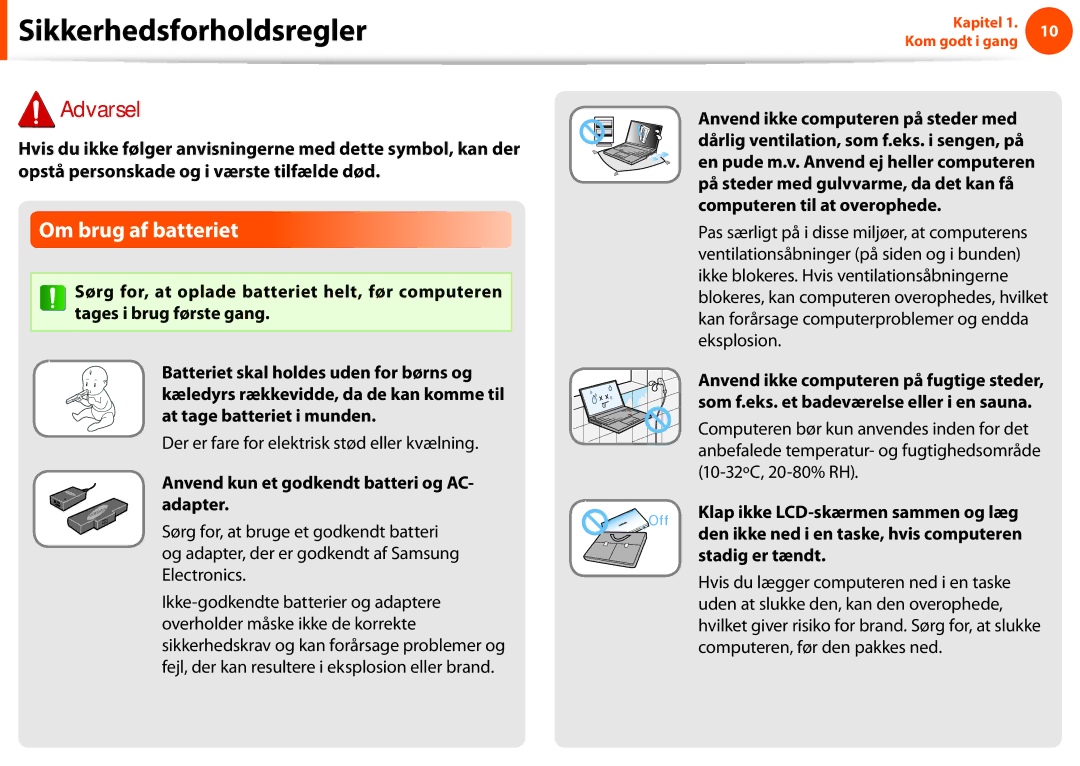 Samsung NP930X5J-K01SE, NP275E5E-K02SE, NP910S5J-K01SE Om brug af batteriet, Der er fare for elektrisk stød eller kvælning 