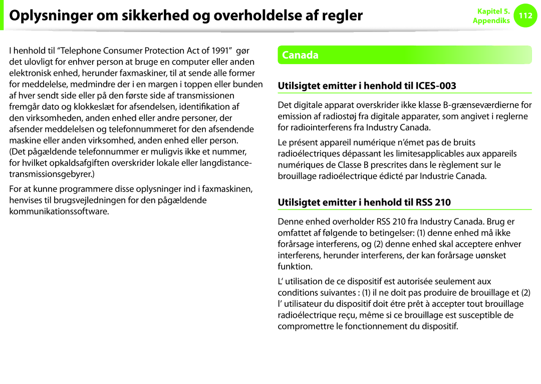 Samsung NP910S5J-K01SE manual Canada, Utilsigtet emitter i henhold til ICES-003, Utilsigtet emitter i henhold til RSS 