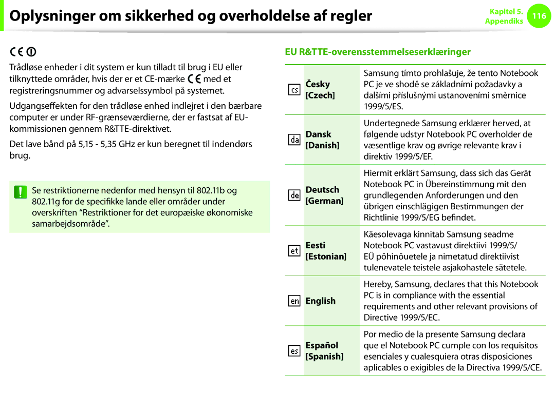 Samsung NP930X5J-K02SE manual Česky, Czech, Dansk, Danish, Deutsch, German, Eesti, Estonian, English, Español, Spanish 