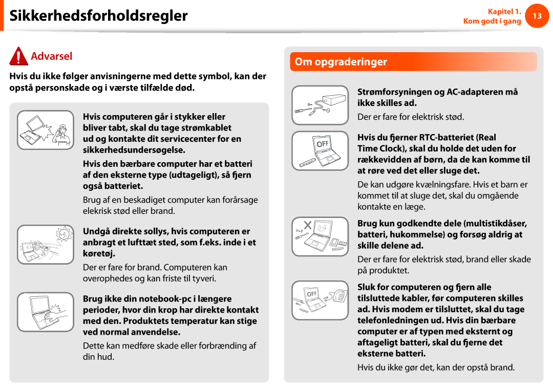 Samsung NP270E5E-K05SE, NP275E5E-K02SE manual Om opgraderinger, Dette kan medføre skade eller forbrænding af din hud 