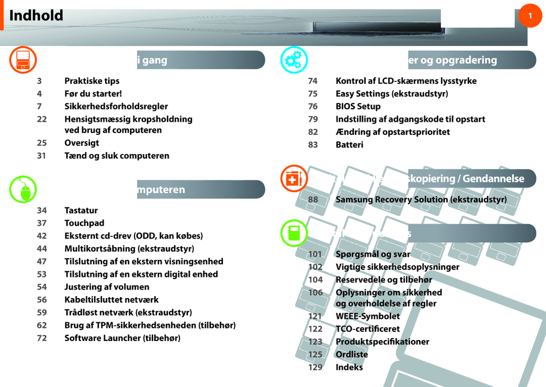 Samsung NP275E5E-K01SE manual Indhold, Kapitel 1. Kom godt i gang, Kapitel 2. Brug af computeren, Kapitel 5. Appendiks 