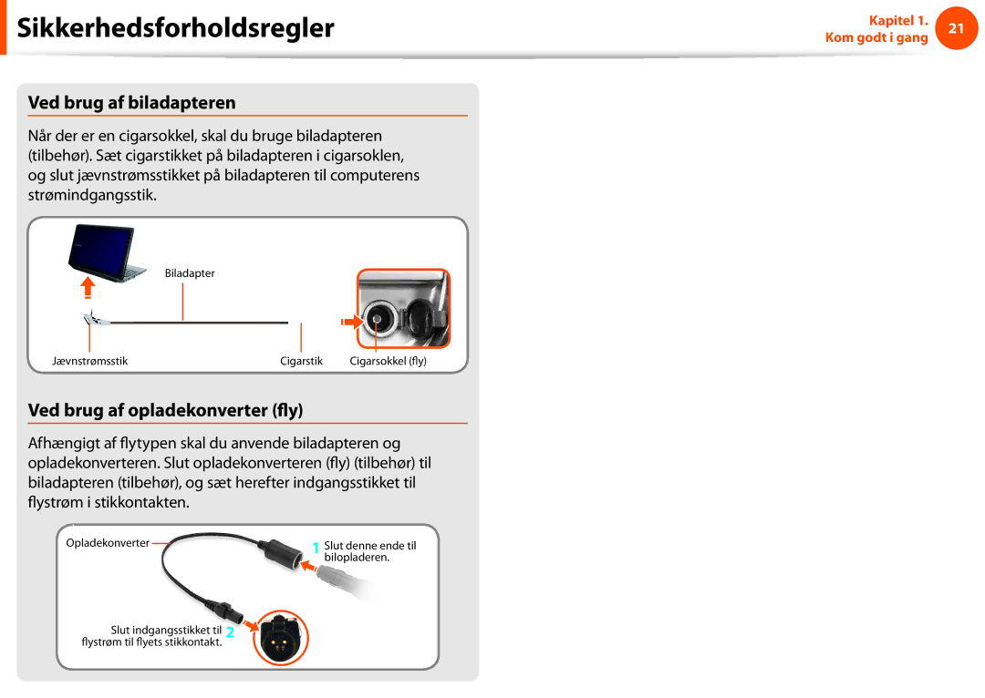 Samsung NP270E5E-K05SE, NP275E5E-K02SE, NP910S5J-K01SE manual Ved brug af biladapteren, Ved brug af opladekonverter fly 