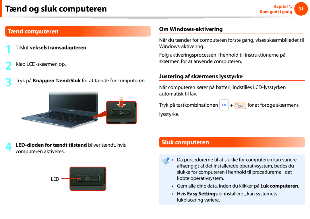 Samsung NP275E5E-K02SE, NP910S5J-K01SE Tænd og sluk computeren, Tænd computeren, Sluk computeren, Om Windows-aktivering 