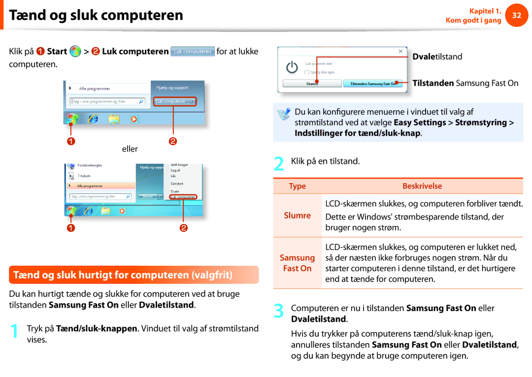 Samsung NP910S5J-K01SE manual Tænd og sluk hurtigt for computeren valgfrit, Klik på z Start Luk computeren, Dvaletilstand 