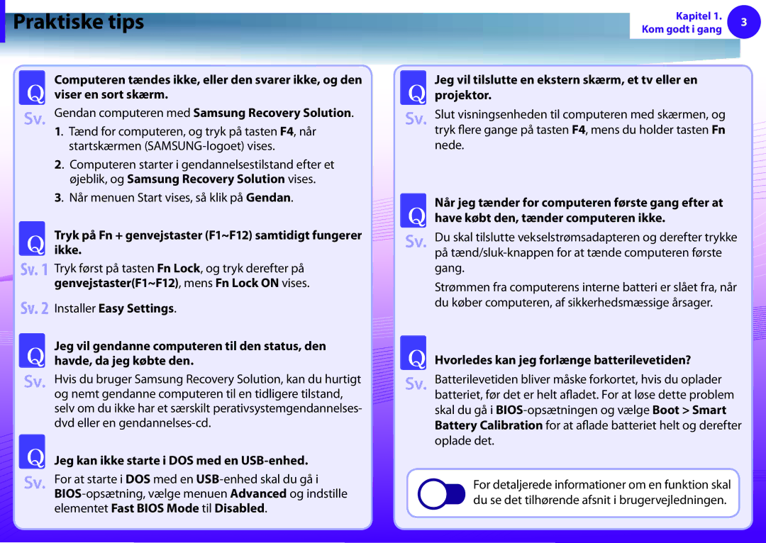 Samsung NP270E5E-K06SE manual Praktiske tips, Startskærmen SAMSUNG-logoet vises, Når menuen Start vises, så klik på Gendan 