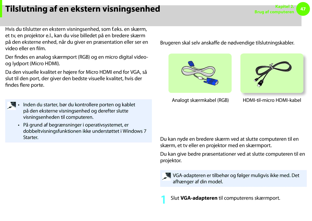 Samsung NP275E5E-K02SE, NP910S5J-K01SE, NP275E5E-K01SE manual Tilslutning af en ekstern visningsenhed, Om tilslutningskablet 